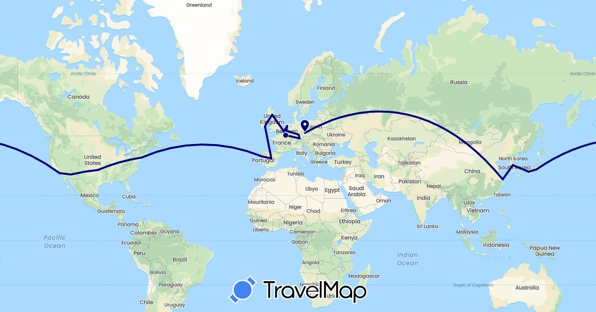 TravelMap itinerary: driving in Belgium, China, Czech Republic, Germany, Spain, France, United Kingdom, Ireland, Japan, South Korea, Netherlands, Poland, Portugal, Russia, United States (Asia, Europe, North America)